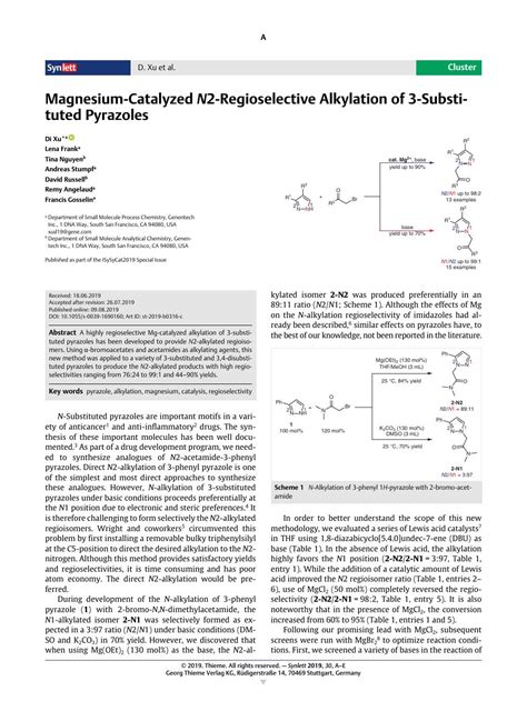 Magnesium Catalyzed N Regioselective Alkylation Of Substituted Pyrazoles