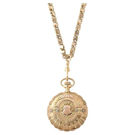 Antique Ladies Hunter Elgin 4 Color Gold Pocket Watch And 18k Gold Chain For Sale At 1stdibs