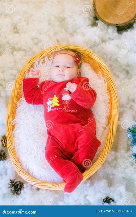 Cute Newborn Baby In A Christmas Costume In A Basket Of Wood Stock