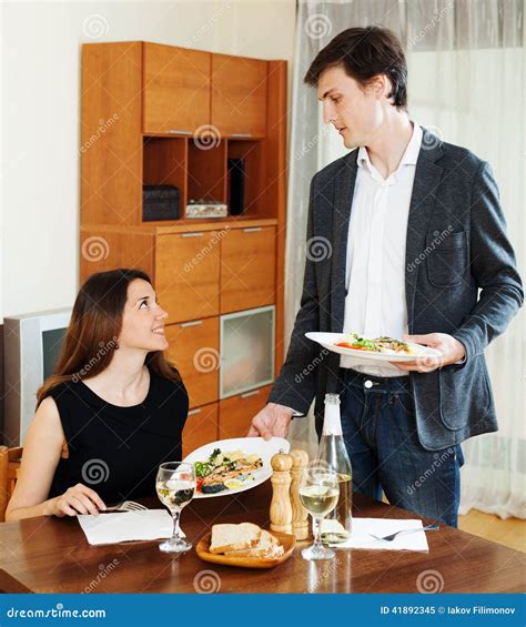 Loving Man Serving Dinner To Girl Stock Image Image Of Dinner Plate