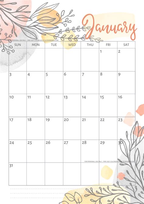 Pretty 2021 Calendar Free Printable Template - Cute Freebies For You