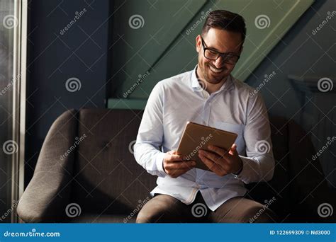 Businessman Wearing Glasses Holding Tablet Stock Image Image Of