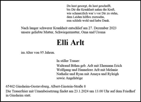 Traueranzeigen Von Elli Arlt Vrm Trauer De