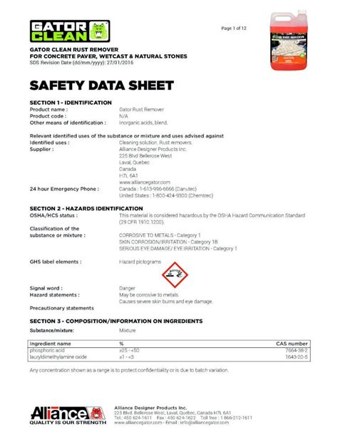 PDF SAFETY DATA SHEET GATOR CLEAN RUST REMOVER FOR CONCRETE PAVER