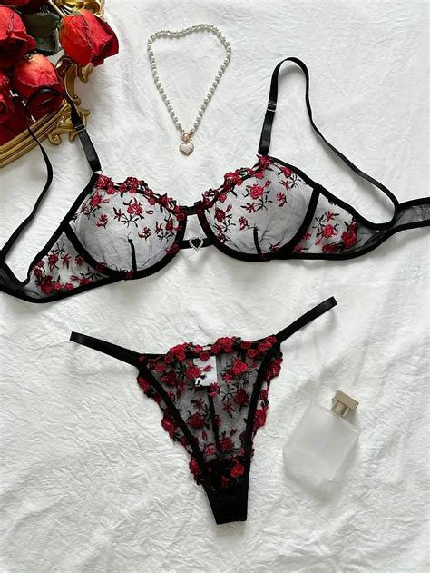 Floral Embroidery Lingerie Set Hollow Unlined Bra Sheer Mesh Temu