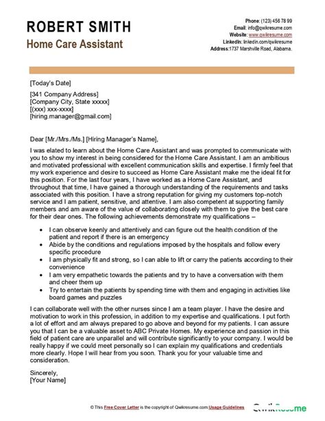 Home Care Assistant Cover Letter Examples Qwikresume