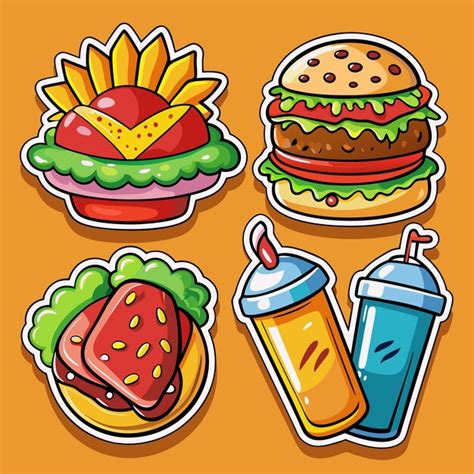 Four Cartoon Fast Food Stickers Hamburger French Fries Strawberry