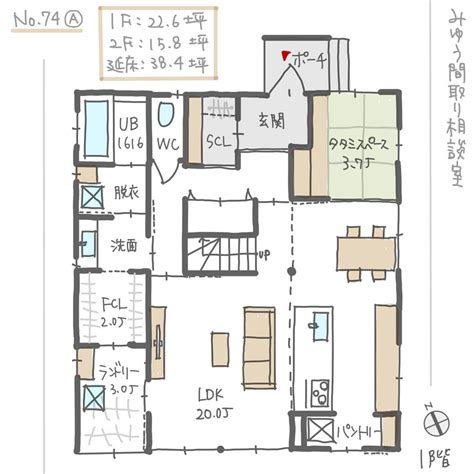 洗面所、ファミリークローゼット、ランドリールームが繋がる回遊動線の間取り【38坪4ldk2階建】no 74a みゆう間取り相談室