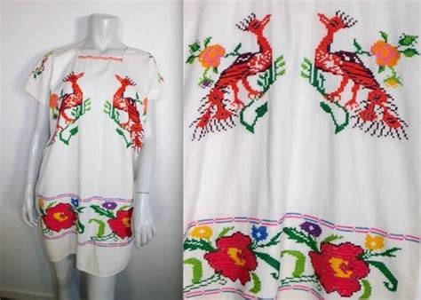 Vintage Mexican Embroidered Birds Flowers Tunic Dress Osfm Etsy