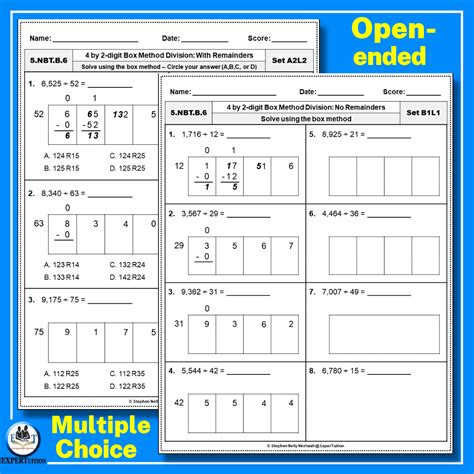 4 Digit By 2 Digit Box Method Division Worksheets 5th Grade Division With And Without