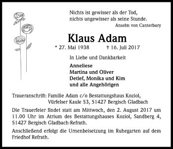 Traueranzeigen Von Klaus Adam Wirtrauern