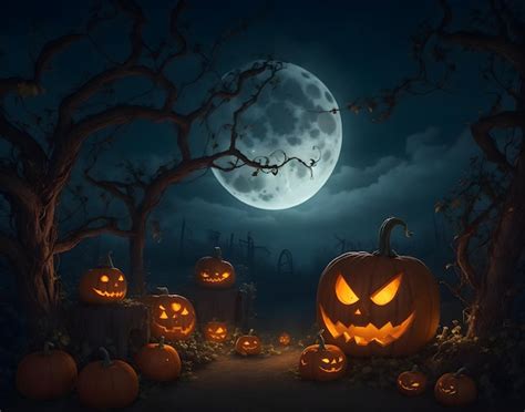 Premium Ai Image Haunted Glowing Pumpkin Patch At Midnight Scenery