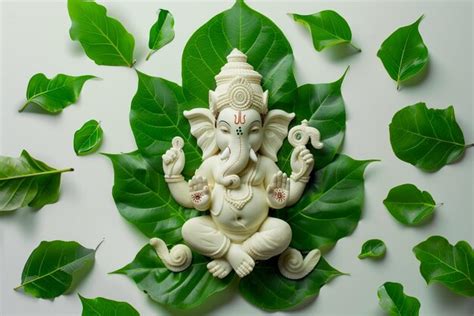 Baby Lord Ganesh Idol On Green Leaves Premium AI Generated Image