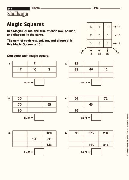 Magic Squares Worksheet For 4th 8th Grade Lesson Planet