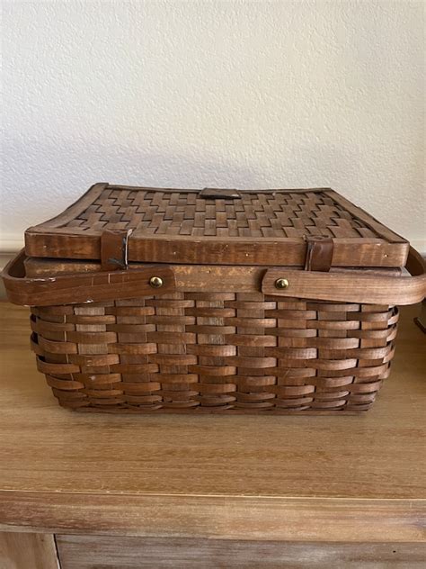 Vintage Slat Wood Woven Picnic Basket With Leather Gem