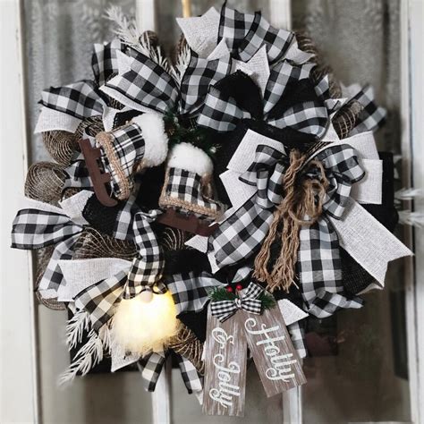 Black And White Buffalo Plaid Gnome Winter Wreath Lighted Etsy