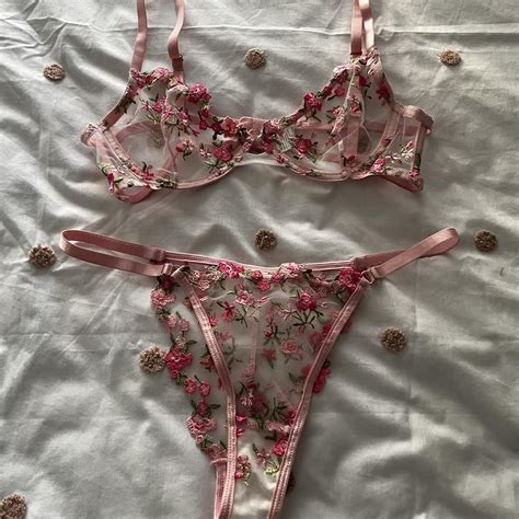 Pink Floral Lingerie Set Adjustable Bra Strap And Depop