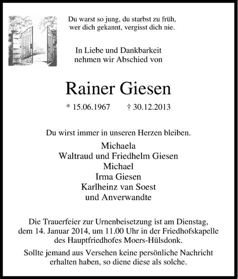 Traueranzeigen Von Rainer Giesen Trauer In Nrw De