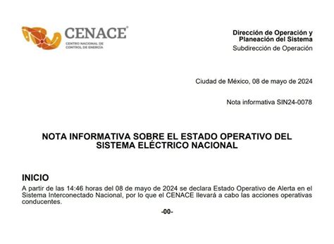 Cenace Declara Alerta El Sistema El Ctrico Nacional Enfoque Noticias