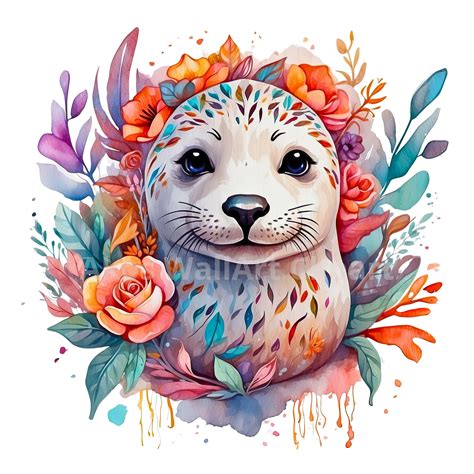 Seal Watercolor Printable Clipart 10 High Quality Jpegs Flowers Floral Cute Seal Art Digital