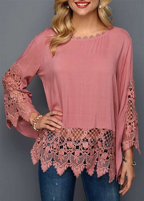 Dusty Pink Long Sleeve Lace Trim Blouse Liligal USD 27 94