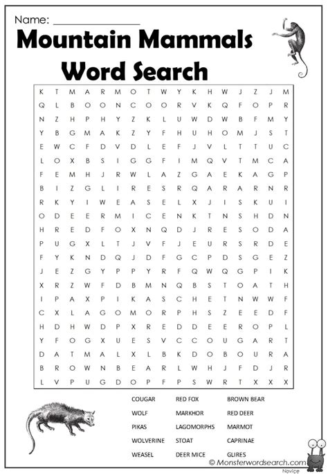 Awesome Mountain Mammals Word Search Free Printable Word Searches