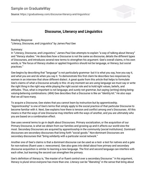 Reading Response Literacy Discourse And Linguistics By James Paul