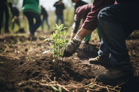 People Planting Trees Or Working In Community Garden Promoting Local