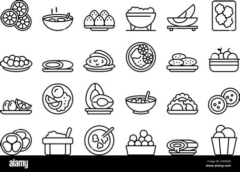 Brazilian Culinary Icons Set Outline Vector Arancini Bread Rice Plate