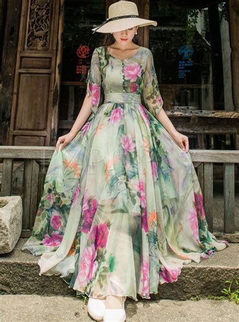 Boho Short Sleeve Floral Print Chiffon Maxi Dress Floral Print