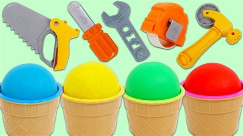 4 Color Play Doh Ice Cream Surprise Cups Opening Using Toy Tool Playset