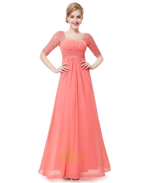 Elegant Peach Long Chiffon Bridesmaid Dresses With Lace Sleeves