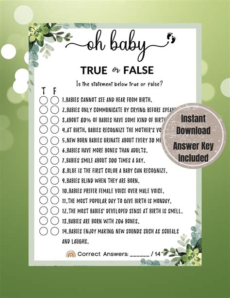 Baby Shower Oh Baby True Or False Game Gender Reveal Party Game