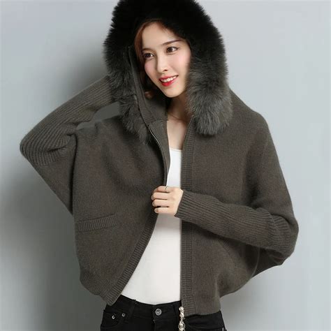 Casual Women Batwing Sleeve Hooded Cardigan 2018 Cashmere Wool Knit Sweater Jacket With Fur