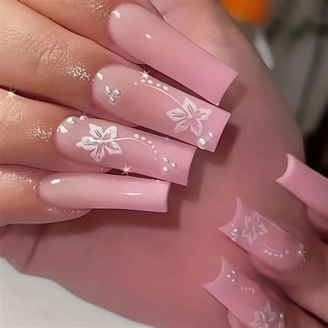 Amazon Lpooddnu Pink Press On Nails Long Square Shape White Flower