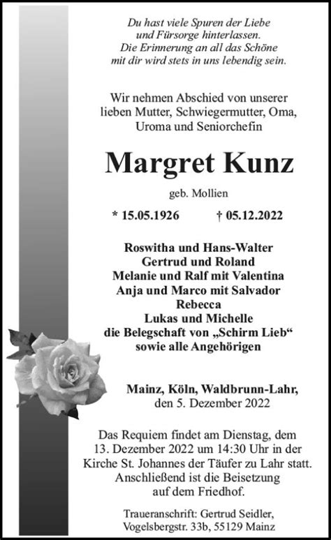 Traueranzeigen Von Margret Kunz Vrm Trauer De