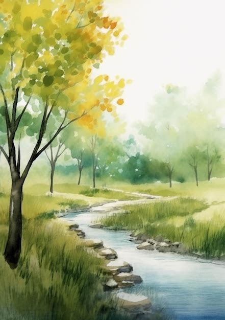 Premium Ai Image Painting Of A Stream Running Through A Grassy Field