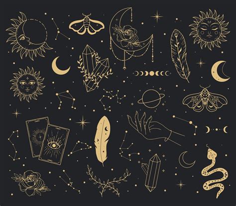 Set of golden aesthetic celestial witchcraft mystical elements on dark 5201194 Vector Art at ...