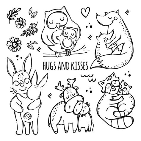 HUGS AND KISSES Monochrome Cartoon Vector Illustration Set 20749010 Vector Art at Vecteezy