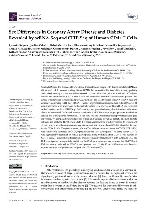 Pdf Sex Differences In Coronary Artery Disease And Diabetes Revealed