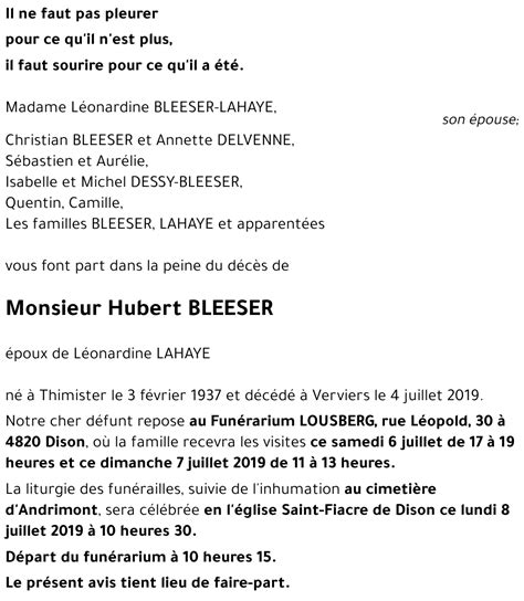 Avis de décès de Hubert BLEESER décédé le 04 07 2019 à Verviers