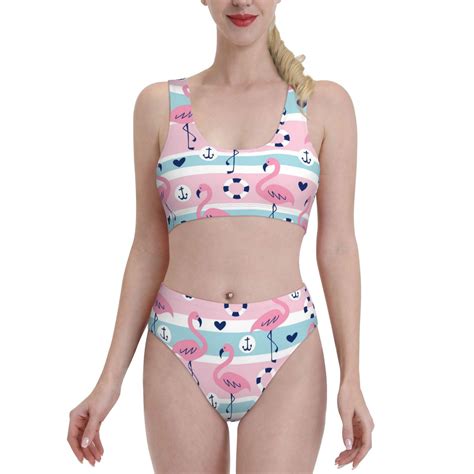 Adobk Pink Striped Flamingo Print Women High Waisted Bikini Set Sports