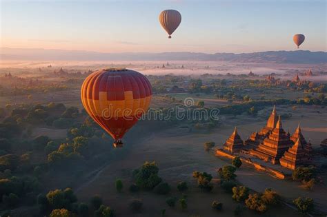 Hot Air Balloons Soar Over Ancient Temples In The Serene Morning Light Of Bagan Myanmar Stock