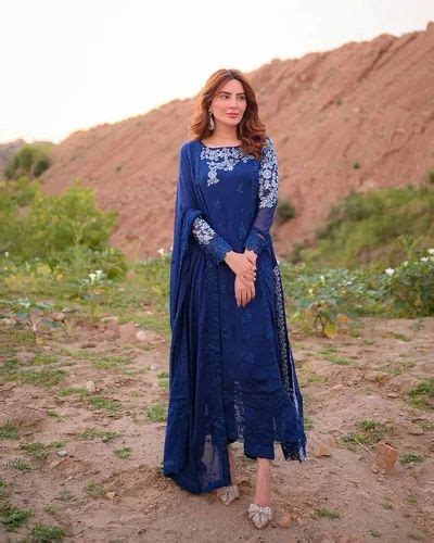 Georgette Embroidered Blue Color Embroidery Work Sequence Designer