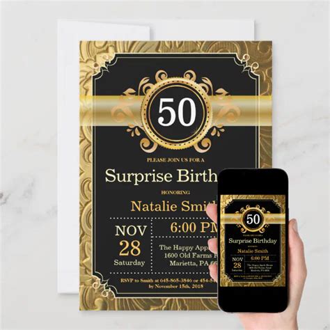 Surprise 50th Birthday Invitation Black And Gold Zazzle