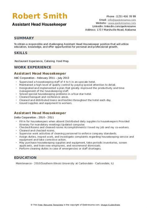 Assistant Head Housekeeper Resume Samples Qwikresume