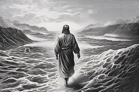 Premium Ai Image Engraving Style Jesus Christ Walking On Water On The