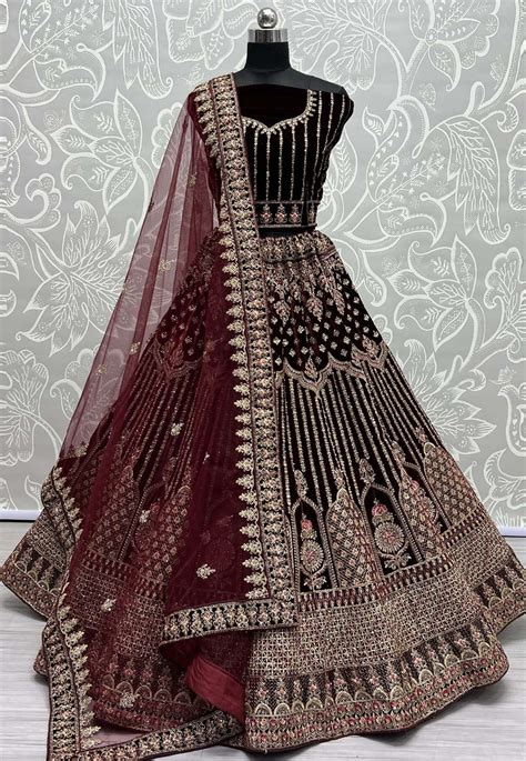 Maroon Velvet Bridal Lehenga Choli