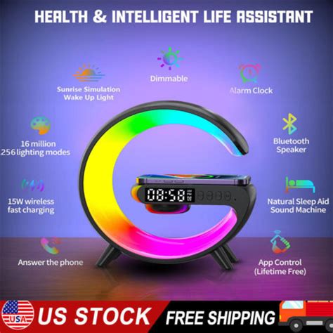 Smart Night Light Bluetooth Speaker Wireless Charger Rgb Alarm Clock Led Lamp Ebay