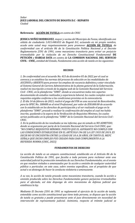 Acción de Tutela Taller Señor JUEZ LABORAL DEL CIRCUITO DE BOGOTA D
